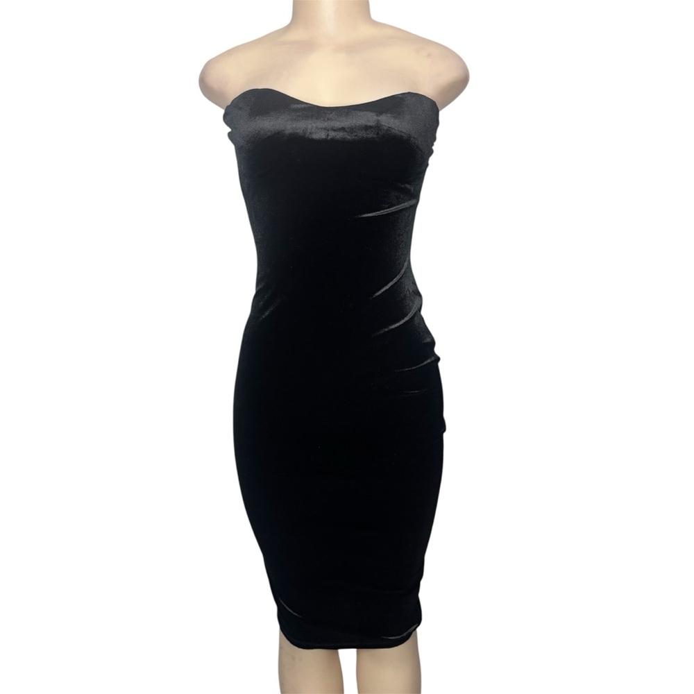 DNA couture Strapless Black Velvet Midi Dress